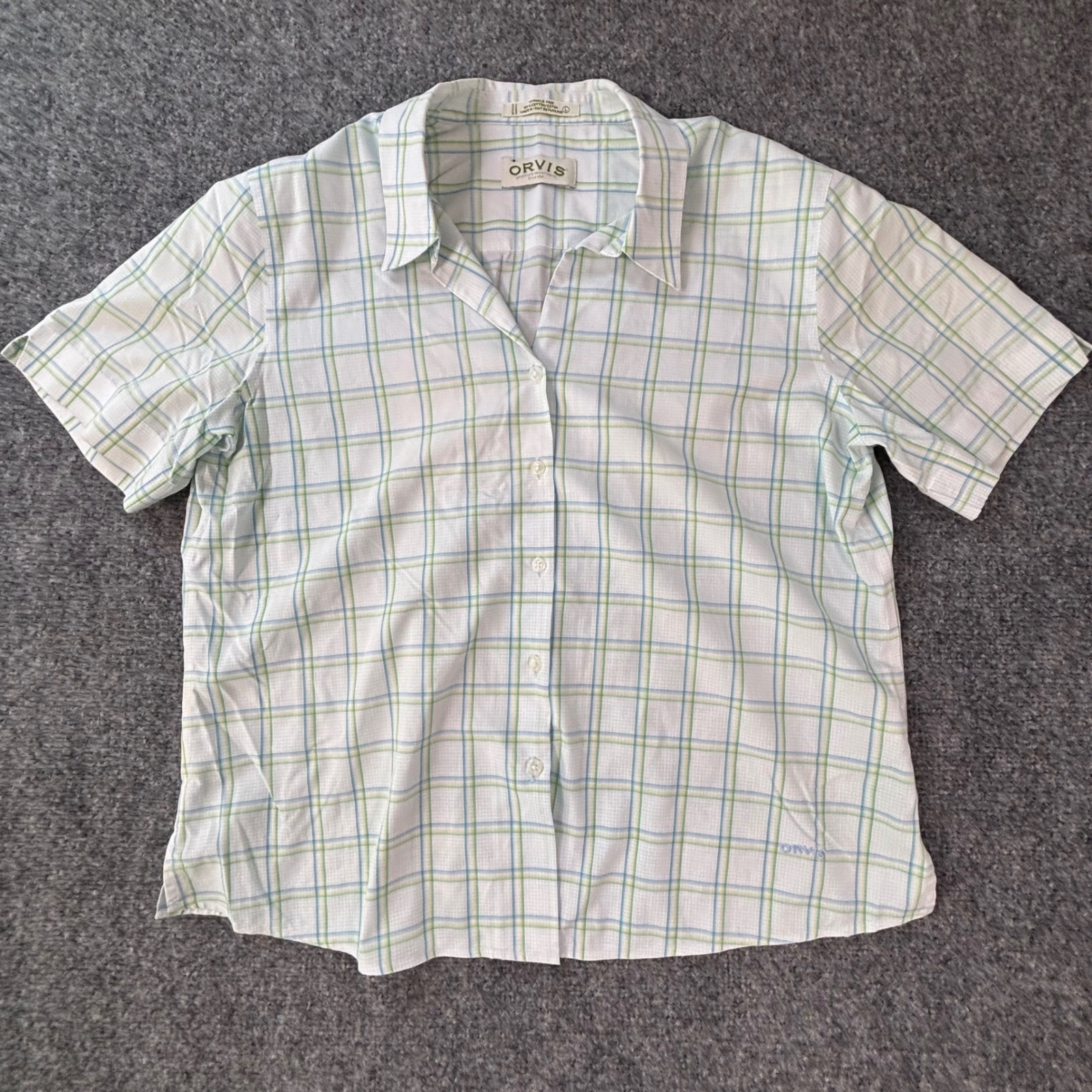 Orvis Womens Large Wrinkle Free Plaid Short Sleeve Button Down Shirt Blue Green